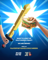 Shaggy's hand and sandwich as they appear on an advertisement for job applications at Player First Games.