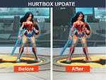 An image comparing hurtboxes before and after the Season 1.02 Patch that features Wonder Woman.